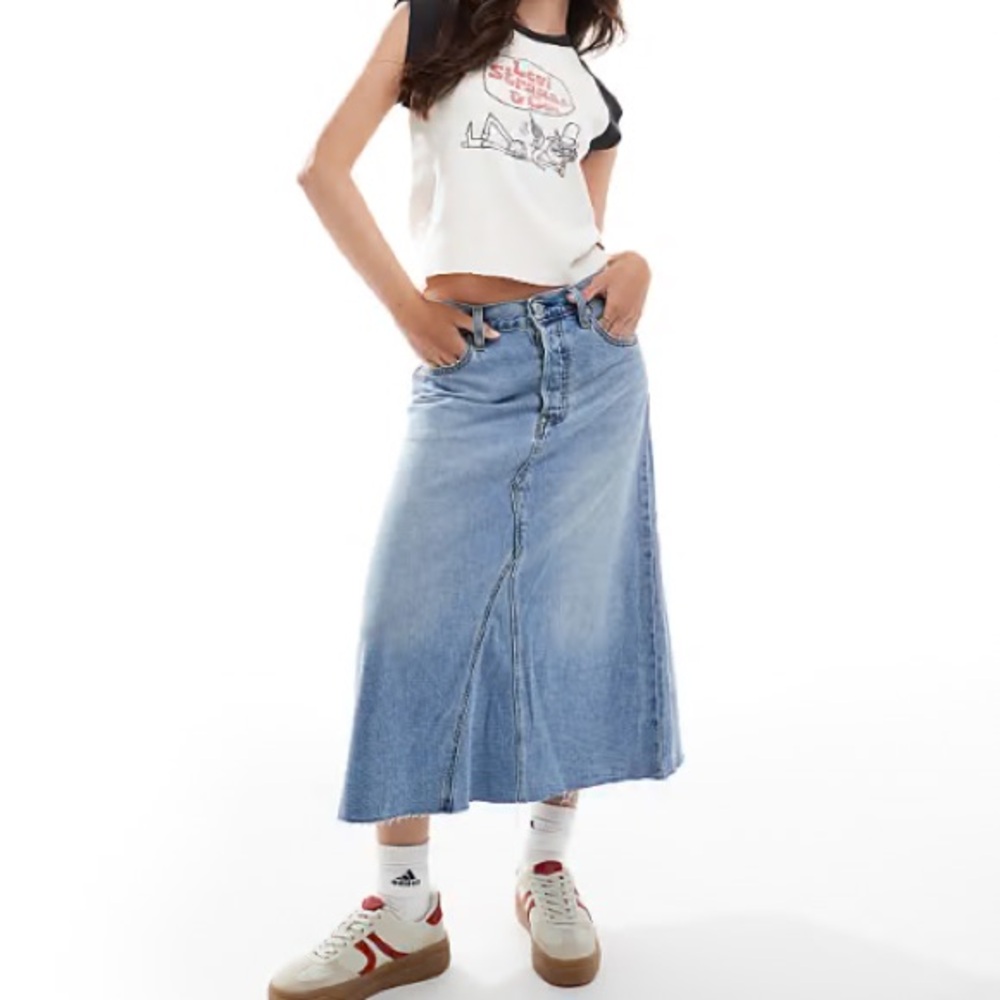 NWT Levis A-line Long Denim Skirt in Mid Blue